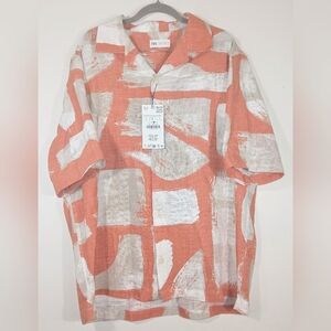 Zara Orange and White Abstract Linen Button-Down Shirt
